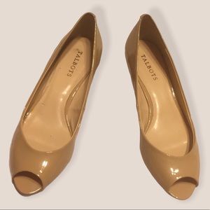 Talbots Nude Shoes Wedge Heels Cork Peeptoe Patent